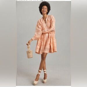 Anthropologie women’s Sz XSP Peach Long Sleeve Mini lined Dress NWT